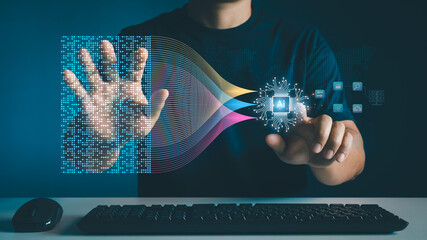 Data analysis science and big data with AI technology. An analyst or Scientist uses a computer and dashboard to analyze information on complex data sets on a computer. Insights development engineer.