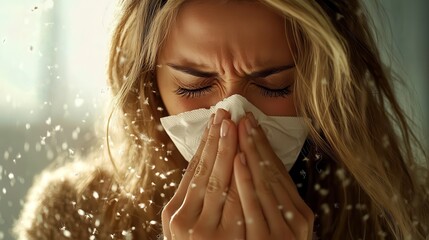 A person is captured mid-sneeze as delicate feathers float around, illustrating an expressive moment of surprise, highlighted by soft lighting in a gentle ambiance.