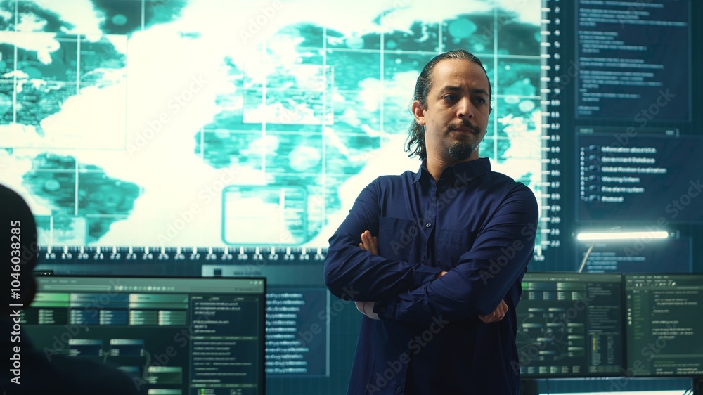 Poster cybersecurity team investigating cybercrime and malware attacks. it security experts analyzing threa
