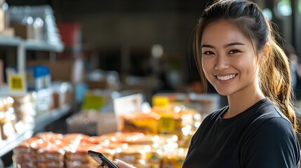 Fototapeta premium Smiling young Asian woman checking inventory on her phone at a food donation stand, with rows of goods behind her, a lively community gathering atmosphere