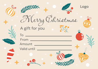 Christmas gift certificate template with hand drawn fir tree toys, plants and berries. Vector design on beige background.