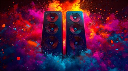 Speakers blasting music on a neon-colored splash background, high-energy party vibe, Fun and vibrant, Pop Art, Overhead Shot, Digital Art, Vibrant Colors