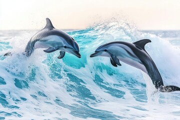 Fototapeta premium Playful dolphins jumping in and out pastel-colored waves