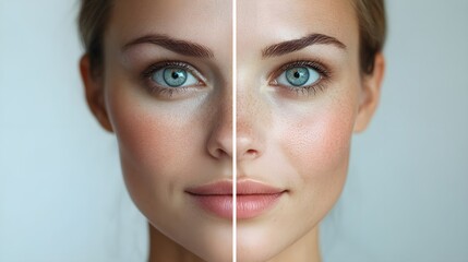 Close-up comparison of facial skin before and after a facelift, showing the reduction of sagging, wrinkles, and a firmer, more youthful skin tone
