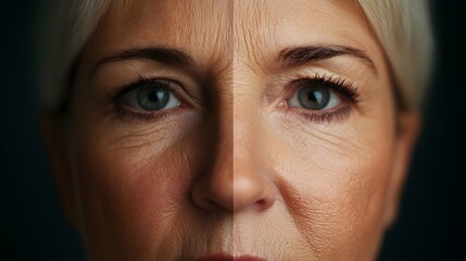 Before-and-after facelift results, focusing on smoother skin texture and lifted facial features, split-screen, Digital Rendering, Natural Lighting
