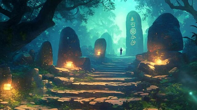 Enchanting Forest Path with Glowing Rune Stones in Mystical Light