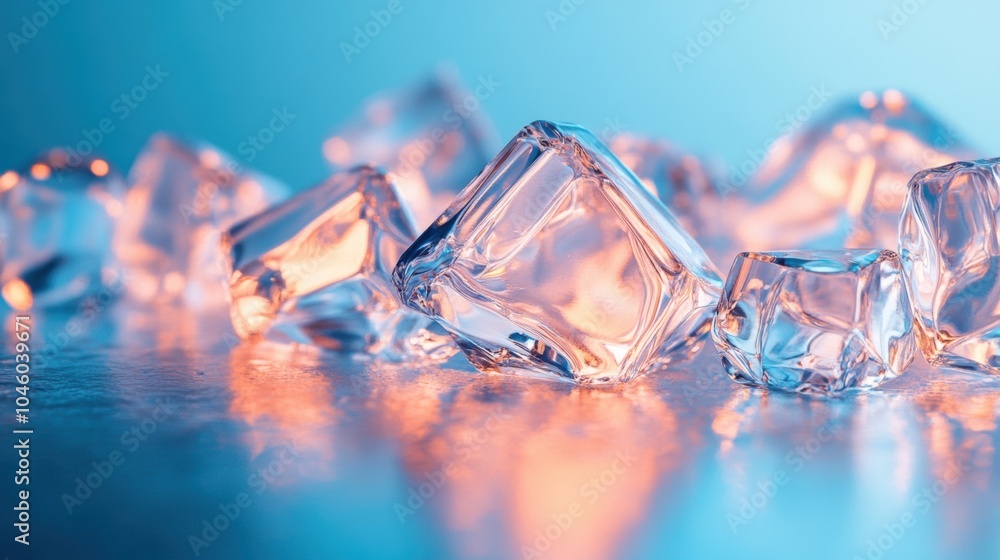 Poster icy crystalline structures glow softly, creating abstract reflections that dance on a tranquil blue 