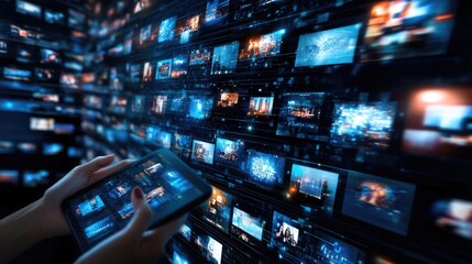 A businesswoman uses a tablet and smartphone to manage virtual media and social content displayed as holograms in a digital space