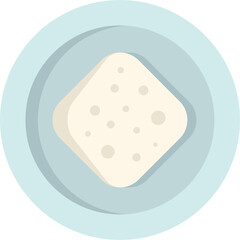 Minimalist illustration featuring a square slice of white bread on a blue plate, representing a simple and common breakfast food