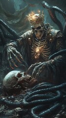 Fototapeta premium Dark Fantasy Ruler Skeleton King With Crown and Evil Skull Picture