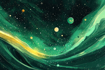 Green and yellow abstract painting depicting stars and planets.