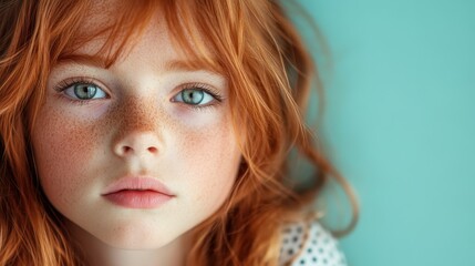 A striking close-up of a red-haired girl with bright blue eyes, her freckles illuminated softly in natural light, expressing a serene and peaceful presence.