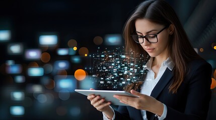 A businesswoman uses a tablet and smartphone to manage virtual media and social content displayed as holograms in a digital space