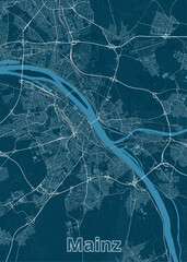 Map of Mainz, Germany, rendered in a minimalist style. The map features a deep blue background with white lines representing roads and waterways.