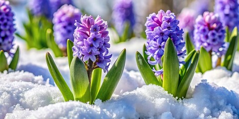Obraz premium Spring hyacinth flowers covered in late snow in April