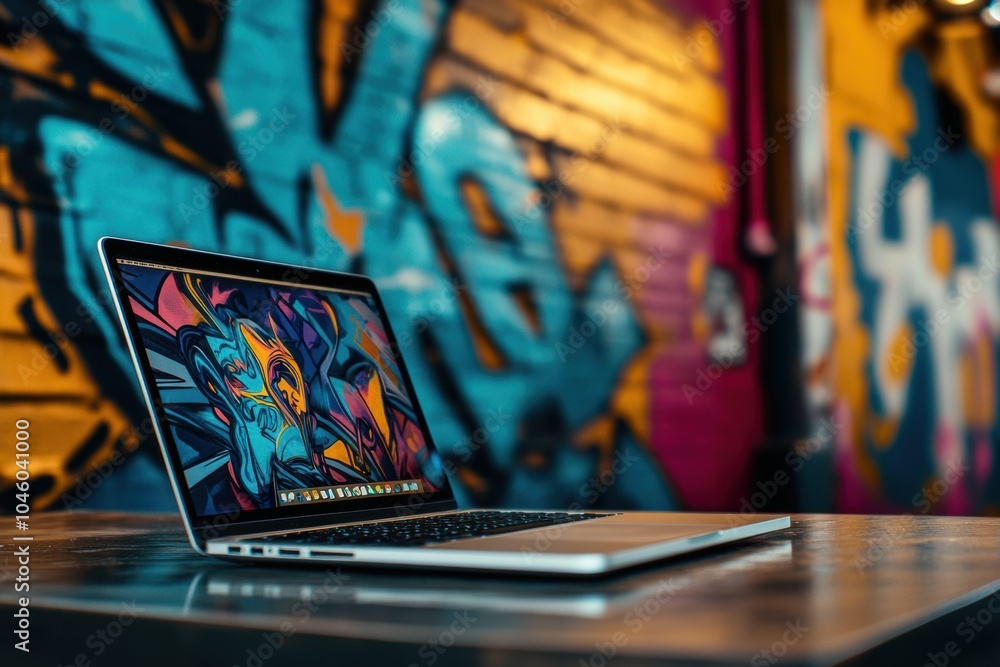 Poster a sleek laptop showcases striking graphics while resting on a wooden table in a dynamic, art-inspire