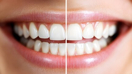 Visual comparison of teeth whitening results, with before-and-after images of a patient's smile, showing the improvement in tooth shade, Clean and Minimalistic, Realistic