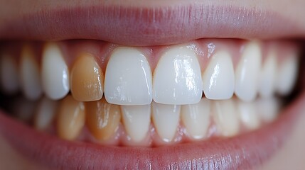 Close-up side-by-side shot of teeth before and after whitening treatment, showcasing the transformation from dull and stained to visibly whiter teeth