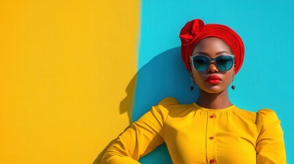 A modern woman poses with confidence in a red headwrap and a yellow outfit, set against a vibrant background split between bright yellow and blue hues.