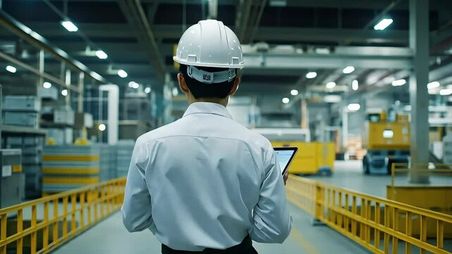 A worker in a hard hat stands in an industrial setting, holding a tablet and surveying the environment, highlighting technology and safety in the workplace.