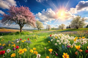Obraz premium spring landscape with flowering flowers on meadow