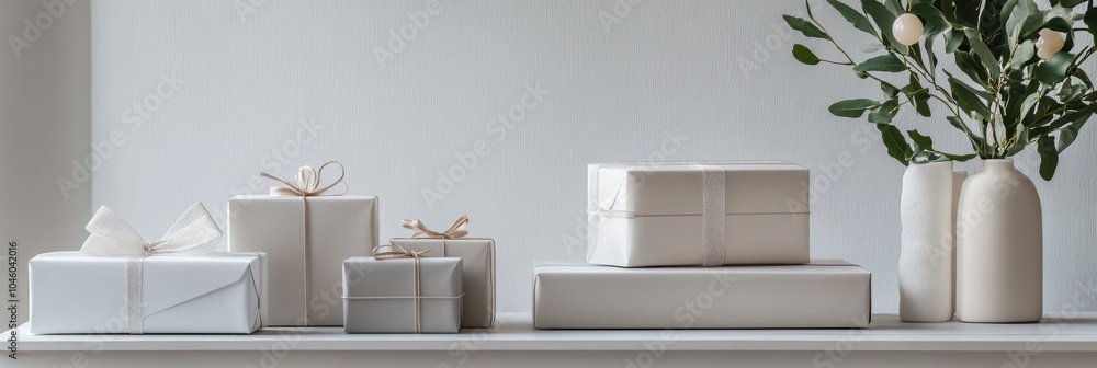 Poster stylish geometric gift boxes are neatly displayed on a shelf alongside a simple vase filled with gre