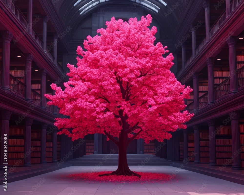 Canvas Prints A vibrant pink tree in a grand library setting.