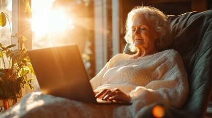 A senior woman is using a laptop during the golden hour, basking in the radiance of the light which adds a beautifully serene and warm ambiance to the scene.