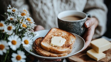 Toasted bread with a melting butter patty sits elegantly next to a steaming cup of coffee and a bouquet of daisies, offering a peaceful morning vibe.