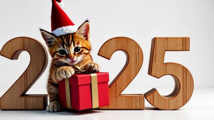 Charming kitten with red gift box and santa hat beside wooden 2025 numbers celebrating christmas and new year gifts
