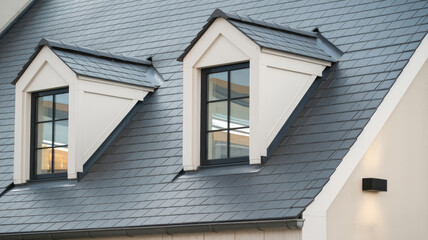 A house with a blue roof and two windows. The windows are large and the roof is slanted