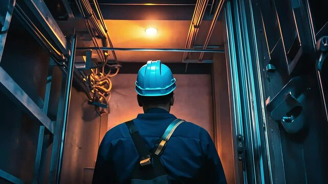 A worker in a safety helmet inspects an elevator shaft, illuminated by a warm light, showcasing the industrial environment and the importance of safety in maintenance work.