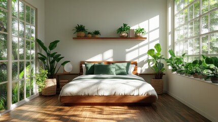 A beautifully minimalist bedroom design featuring soft green and white bedding, an elegant wood frame, and vibrant potted plants under warm, natural sunlight.
