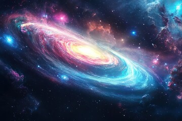 Fototapeta premium Cosmic space scene with swirling galaxies and neon hues