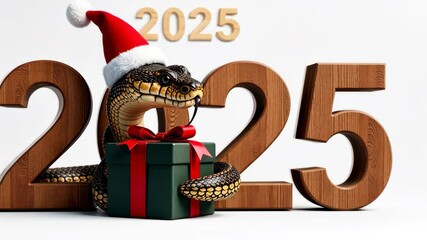 Snake in santa hat with gift box in front of 2025 wooden numbers for holiday celebration concept christmas and new year gifts