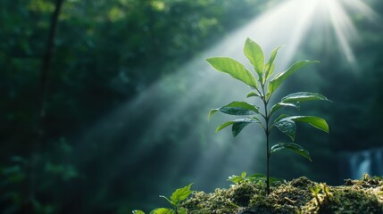 A small plant basks in sunlight on a forest floor, surrounded by lush greenery, symbolizing new life and the rejuvenating power of nature's cycle.
