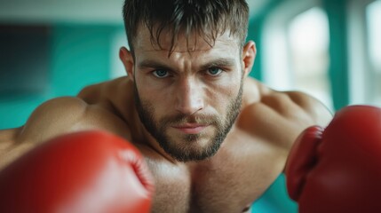 A determined male boxer with a focused expression, wearing red boxing gloves, demonstrates intensity and readiness in a gym setting, capturing the spirit of competition.