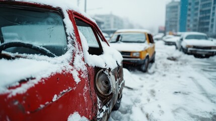 A close-up of an abandoned red car covered in snow, with another snow-covered yellow car in the background, depicting urban decay and winter weather conditions.