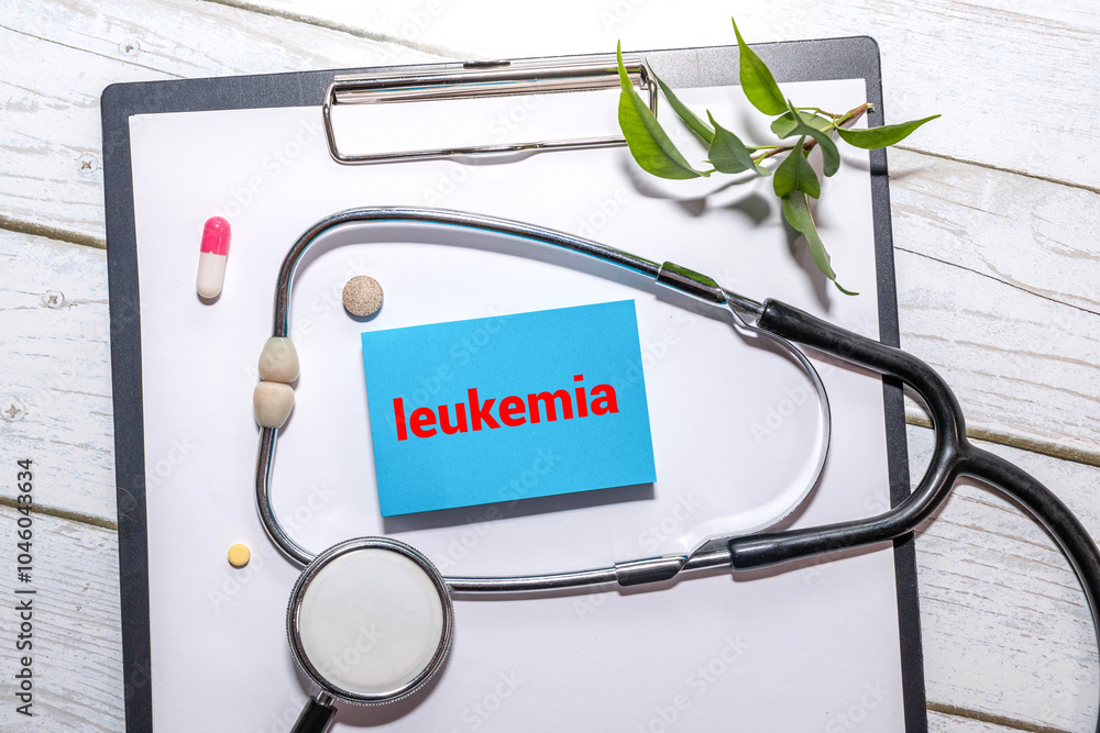 Aufkleber with text leukemia on notepad on table row pen
