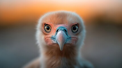 A close-up portrait of a young eagle, its round, expressive eyes and soft plumage set against a softly blurred background, capturing innocence and curiosity.