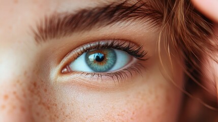 Obraz premium A detailed close-up image of a human eye with blue iris, framed by light brown eyelashes and surrounded by fair skin with freckles, exemplifying human beauty.