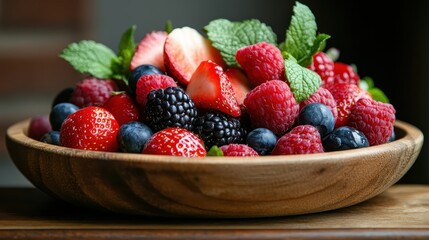 A beautiful collection of mixed berries including strawberries, raspberries, blueberries, and blackberries, elegantly garnished with mint leaves, on a wooden surface.