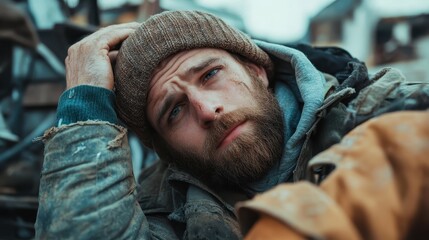 In an abandoned setting, a man clad in rugged clothing and a beanie rests his head against his hand, capturing a moment of fatigue and contemplation in wintertime.