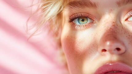 A sunlit close-up portrait capturing natural freckles and soft skin tones on a person's face, radiating warmth and natural, serene beauty.