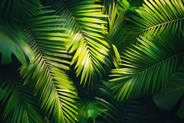 Green tropical palm leaves with a vibrant, sunlit effect