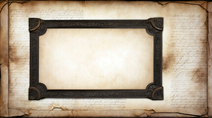 Antique Parchment with Intricate Ornate Frame and Faded Handwritten Script Featuring Darkened Edges and Burnt Corners for a Vintage Historical Look
