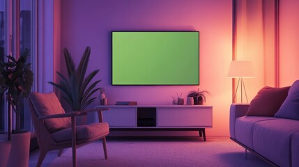 Shot of a TV with Horizontal Green Screen Mock Up. Cozy Evening Living Room with a Chair and Lamps Turned On at Home.
