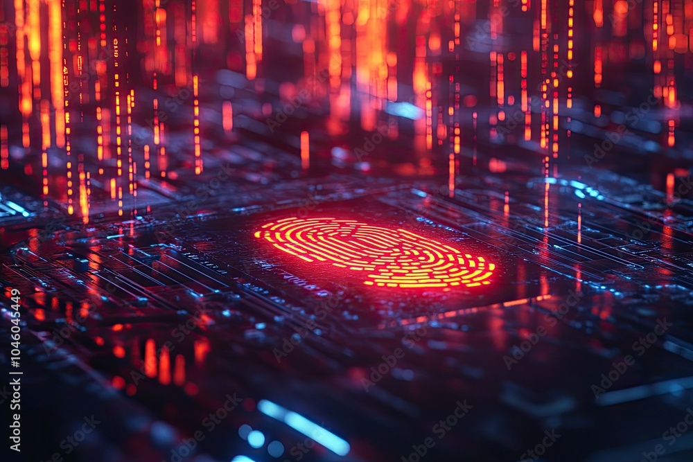 Poster a glowing fingerprint on a circuit board. it represents the security of information and data.