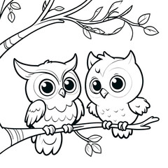 Fototapeta premium Adorable Baby Owls on Branch - Cute Forest Birds Coloring Page