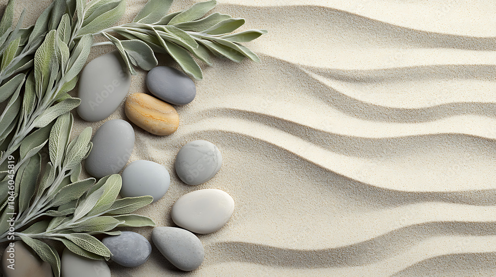 Poster natural harmony sage twig and pebble rocks on sand serene botanical background
